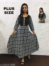 Plus size, soft cotton flared gown by ZP Brand in checked pattern, three-quarter sleeves, XXL (Bust 44in, Length 52in), Indian origin, 100% quality